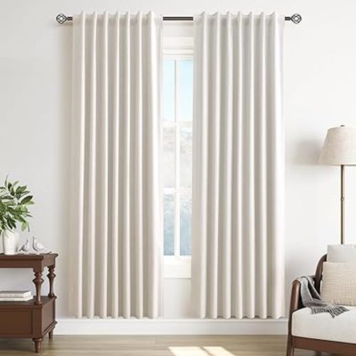 Cream Linen Blackout Curtains for Bedroom 80 Inch Length 2 Panel Sets Natural Light Blocking Thermal Insulated Privacy Curtains for Dining Room Backdrop Textured Beige Drapes Back Tab Hook Belt 52x80