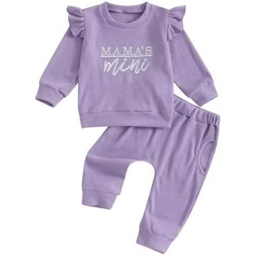Newborn Baby Girl Fall Winter Waffle Outfit Clothes Ruffle Long Sleeve Mama Mini Sweatshirt Pants Sweatsuits