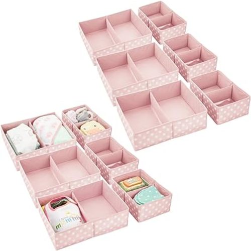 mDesign Fabric Drawer Organizer Bins, Kids/Baby Nursery Dresser, Closet, Shelf, Playroom Organization, Hold Clothes, Toys, Diapers, Bibs, Blankets, Set of 2, 6 Pack, Pink/White Polka Dot