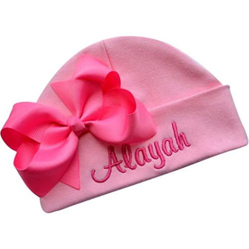 Personalized Embroidered Baby Girl Hat with Grosgrain Bow with Custom Name