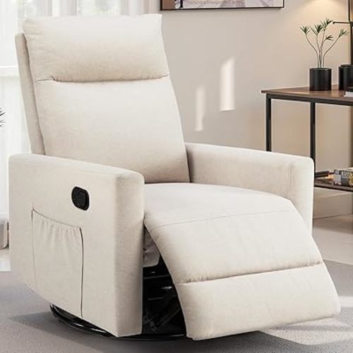 Swivel Rocking Recliner Chair with Extra Large Footrest High Back, Upholstered Glider Nursery Chair for Living Room, Bedroom & Nursery, Comfortable Deep Seat for Relaxation, Beige