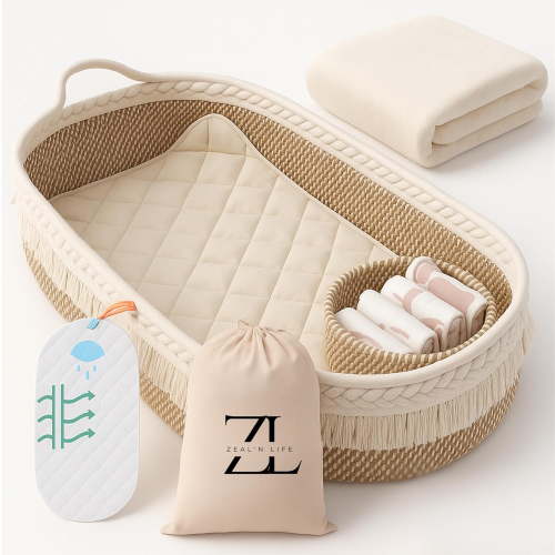Baby Changing Basket with Waterproof Pad, Diaper Caddy Organizer, Blanket & Cotton Bag, Portable Changing Table Topper for Dresser, Travel, Boho Nursery Decor, Changing Pad (Beige)
