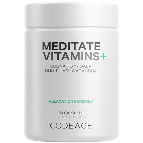 Codeage Meditate Vitamins+ Supplement - CognatiQ, DHH-B, GABA, Ashwagandha, Organic Mushrooms, Blueberries - BDNF Brain Pills and Neuroprotein - Vegan, Non-GMO, Gluten-Free - 60 Capsules