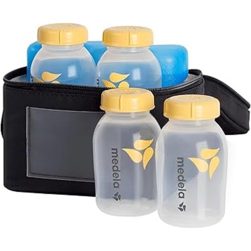 Medela Breast Milk Cooler Set with Cooler Storage Bag, Contoured Ice Pack, and Four 5-oz. Bottles for On-The-Go Transport, Made Without BPA