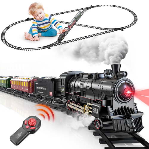 Loheer Electric Train Set, Remote Control Train Toys with Luxury Track & Glowing Passenger Carriages, with Smoke, Light and Sound, for 3+ Years Old Boys Gifts, Plastic
