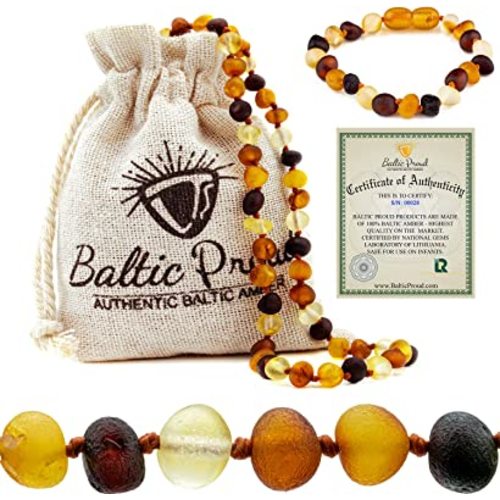 Baltic Proud Raw Amber Necklace and Bracelet Gift Set (Unisex Multi 12.5 Inches/5.5 Inches) - Certified Premium Quality Sea