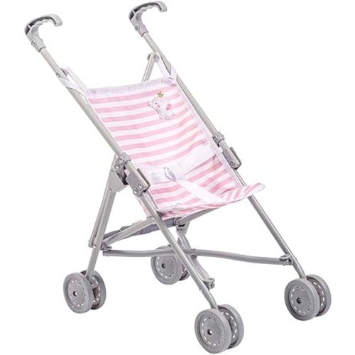 JC Toys Boutique | Folding Umbrella Doll Stroller for Children 2 Years Plus, Pink Stripes and Soft Embroidery | Sturdy Metal Frame | Pretend Play with Dolls up to 18” Long | Seat Belt