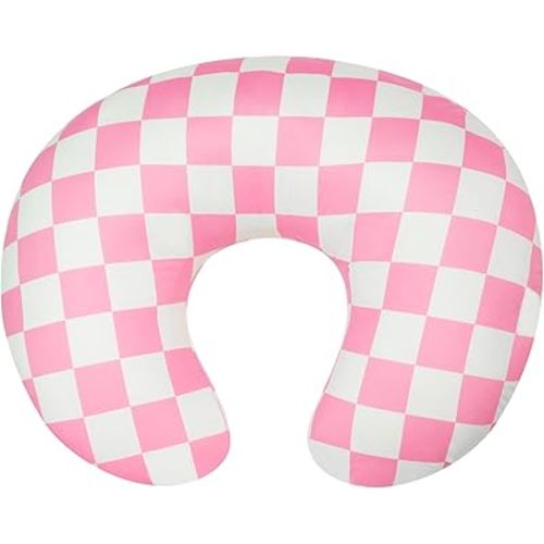 Nursing Pillow Cover, Ultra Soft Case for Baby Boy and Girls, Stretchy Removable Slipcover for Breastfeeding Pillows, Pink Checkerboard Grid