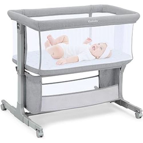 Ezebaby Bedside Bassinet for Baby, Portable Baby Bassinet Bedside Sleeper for Newborn Infants with Wheels Storage Basket, Adjustable 7 Heights and All Mesh Sides