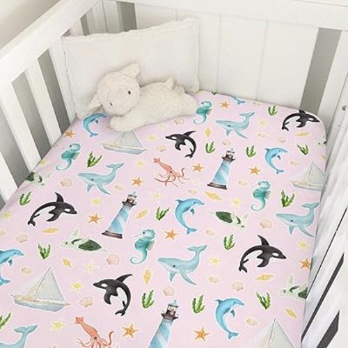 Colorful Sea Animals Baby Crib Sheet 52''x28'' Ocean Whale Dolphin Turtle Shells Coral Lighthouse Ship Stretchy Fitted Crib Mattress Cover for Boy Girl Baby Sheets for Standard Crib Toddler Mattress