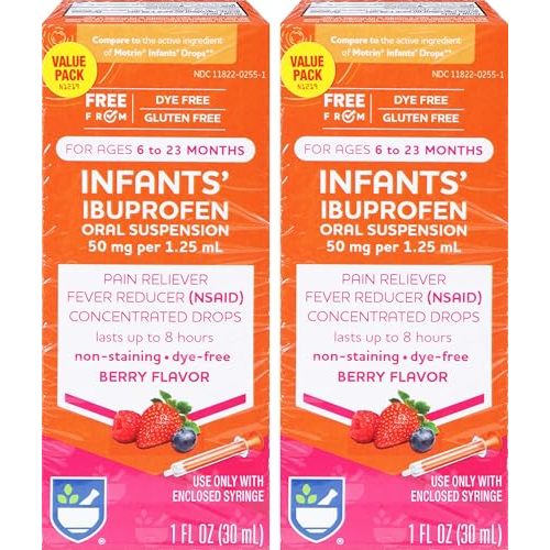 Rite Aid Infants' Dye-Free Ibuprofen Drops, Berry Flavor, 50 mg - 2 Value Pack | Infant Pain Reliever | for Babies Ages 6 to 23 Months | Oral Suspension 50 mg per 1.25 mL | Gluten Free