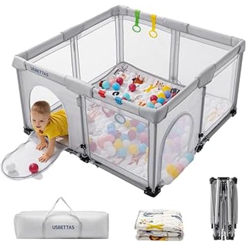 Foldable Baby Playpen with Mat, Foldable Playpen for Babies and Toddlers,Kids Portable Travel Play Pen, Collapsible Play Yard with 4 Handles,Indoor & Outdoor Baby Play Area with Breathable Mesh