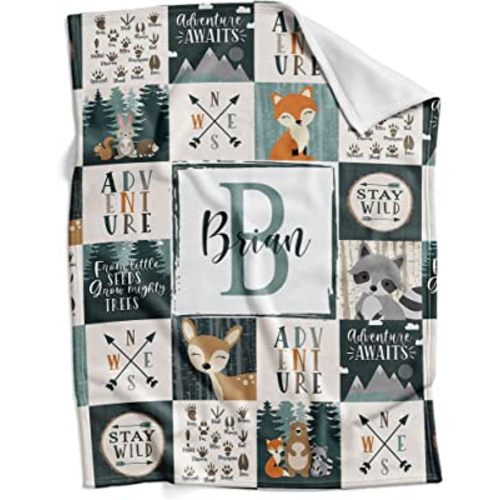 Honestchi Personalized Woodland Baby Blankets for Boys with Name - Repeating Name Custom Baby Blankets - Customized Gifts for Newborn Boy - Soft Fleece