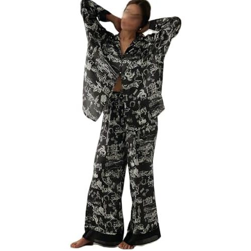 Women Satin Pajama Set Floral Silk Pajamas 2 Piece Lounge Sets Button Down Shirts Wide Leg Pants Pjs Sleepwear