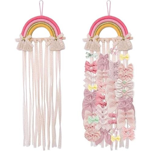 NICROLANDEE Rainbow Tassels Hair Bows Holder Hanging - Baby Hair Accessories Storage Bow Organizer Wall Hanger Decor for Baby Girls Wall Hanging Decor for Girls Room Ornament (Pink Yellow)