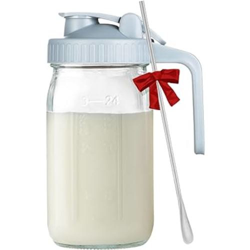Mason Jar Pour Spout Lid - 32oz Gray Airtight Glass Pitcher with Lid & Mixing Spoon Food Grade and Safe, 1 Quart Sturdy Wide Mouth Jar also Nice for Breastmilk, Milk, Juice and Tea
