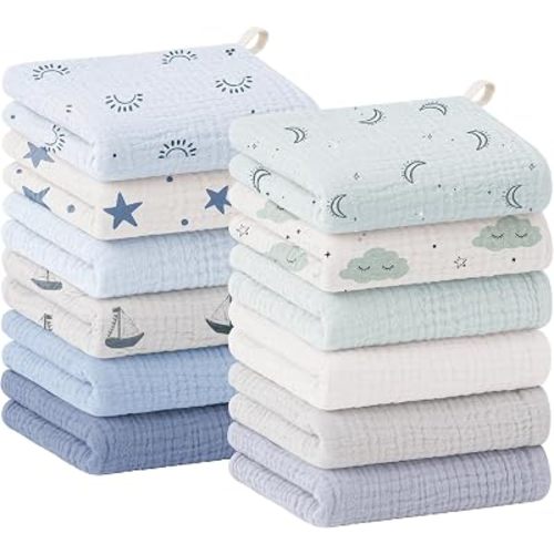Bearmoss 12 Pack Baby Muslin Washcloths, 100% Cotton Soft Face Towels, 10"x10" Absorbent Bath Wash Cloths and Burp Cloths for Newborn Infants Kids Girls & Boys (Blue)
