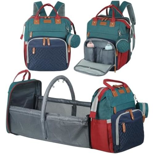 large diaper bag backpack，baby bag with changing station for Boys Girls，Multifunctional Diaper Bag，Mommy Bag With USB Charging Port（Blue-green-red）