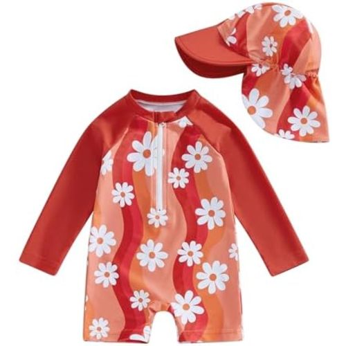 Toddler Baby Girl One-Piece Swimsuit Floral Print Long Sleeve Zip Up Bathing Suit Hat 2Pcs Sets Swimwear Beachwear