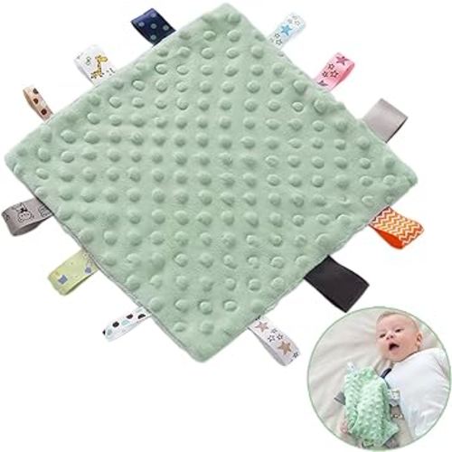 Baby Security Taggies Blankets Soothing Sensory Soft Comforter Blanket Infant Appease Towel Baby Loveys for Boys with Colorful Tags(Mint Green)
