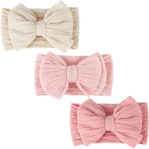 DRESHOW BQUBO Handmade Baby Headbands Soft & Stretchy Hair Bands with Bows Nylon Bows Hairbands for Girls Newborn Infant Toddlers Hair Accessories 3 Pack