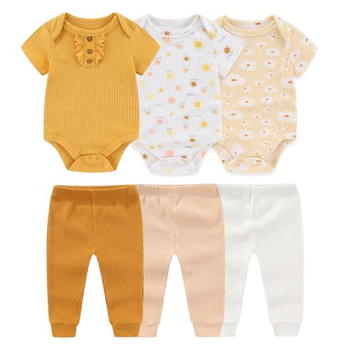 Ruliby Baby Bodysuit and Pant Set 6-pcs Ribbed Soft Infant Boy Girl Clothes Outfits