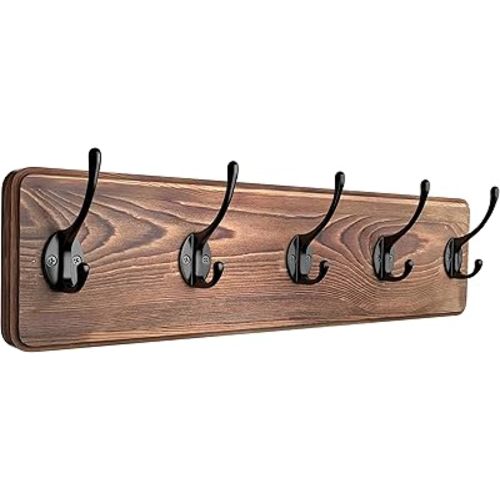 Wall Mount Coat Rack Solid Pine Wood Brown with 5 Heavy Duty Hooks