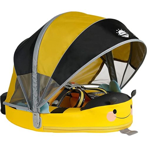 Mambobaby Float Add Tail Newest Baby Swim Float with Canopy Solid Pool Infant Swim Trainer Swimming Training Lying Air Free Water Floats Non-Inflatable Waist Swim Ring for Toddlers (Bee)