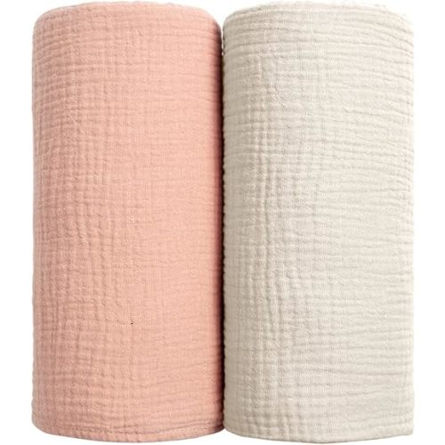 lulumoon Muslin Swaddle Blanket Baby - Cotton Swaddling Blanket Soft Baby Receiving Blanket Neutral 2Pack(Peach)