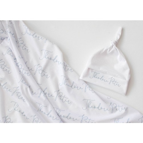 Personalized Baby Swaddle Blanket Set / Newborn Hat Bow / Baby Shower Gift / Custom Print Name
