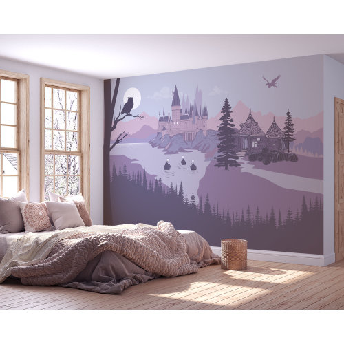 Castle Wall Mural in Lavender - Self-adhesive Removable Decal, Wallpaper, Backdrop. School of Magic, Nursery Decoration.