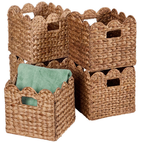 East Urban Home Scalloped 12 X 12In Hyacinth Storage Basket Set Of 5 - Natural With White Trim & Reviews | Wayfair