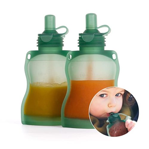 haakaa Silicone Refillable Squeezy Baby Food Yummy Pouch Homemade Organic Food for Babies/Toddlers/Kids, 2 Pack 4 oz, Pea Green - 2PCS