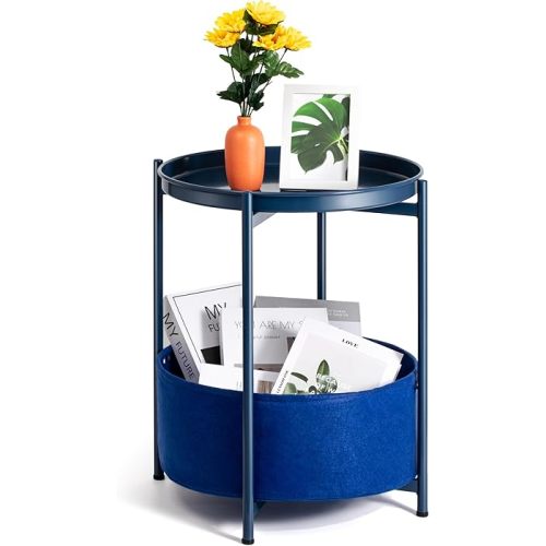 Round Side Table, Blue End Table with Storage Basket, Metal Night Stand with Removable Tray, Small Bedside Table for Living Room, Bedroom, Nursery(Blue)