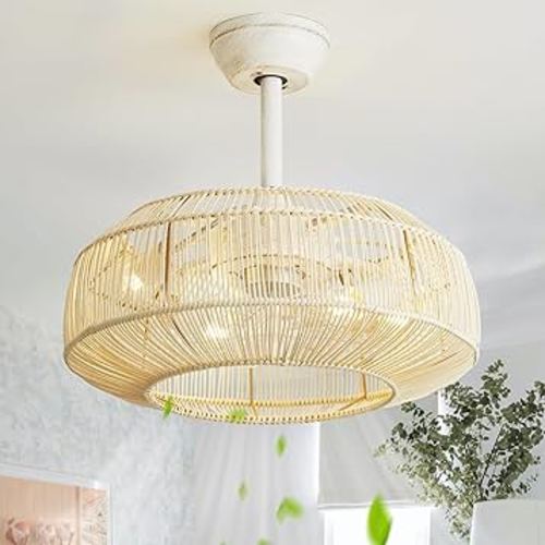 20" Caged Ceiling Fan with Light, Rattan Boho Chandelier Ceiling Fans with Lights Remote Control, Enclosed with 6 Speeds for Bedroom, Nursery, Living Room