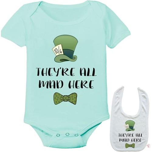 They're All Mad Here - Funny Newborn Baby Bodysuit Outfit Onesie Shirt & Bib