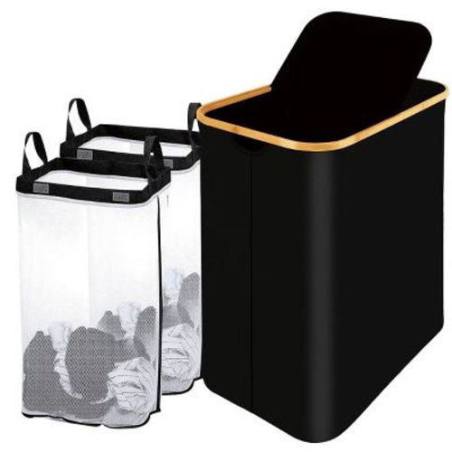 BestParts 150L Waterproof Double Laundry Hamper with Lid, Bamboo Handles & 2 Removable Bags, Black