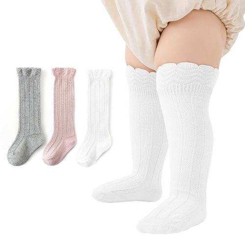 Zando Baby Girls Knee High Socks 3-Pack, Soft Cotton Long Tube Ruffle Socks for Preemie Infant Newborn Toddler 0-3T