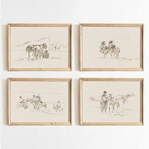 Western Cowboy Wall Art Vintage Canvas Wall Decor Prints Neutral Wall Art Southwest Cowboy Poster Black White Cowboy Painting Western Vintage Pictures for Bedroom Bathroom 8x10 Inch Unframed Set of 4