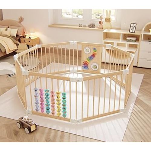 Baby Playpen, Adjustable Shape Play Pen for Toddlers 1-3 Years Foldable Playpen Large Collapsible Wooden Fence Panels with Toys Indoor Play Yard for Baby(56.5x56.5x24inch)