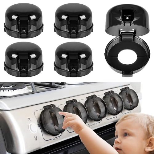5 pack Heat-Resistant Baby Proof Stove Knob Covers, Dual-Key Oven Knob Covers for Child Safety (Black)