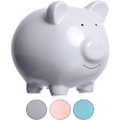 Pearhead Large Ceramic Piggy Bank, Ideal for Boys and Girls, Kids Money and Coin Bank, Perfect Baby Boy Nursery Décor, Great Gift and Newborn Keepsake, Solid Gray