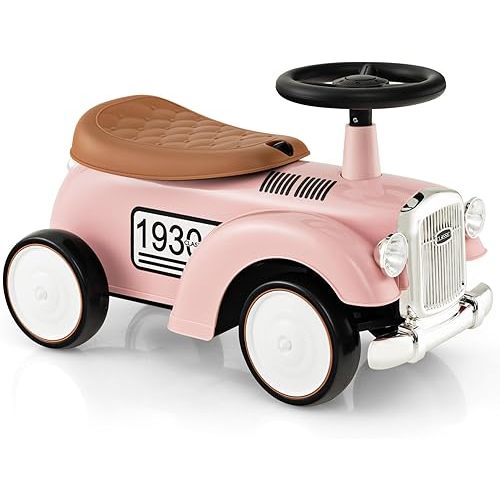 HONEY JOY Ride On Push Car, Outdoor Toddler Riding Toys w/Steering Wheel, Horn & Storage, Foot-to-Floor Sliding Car, No Batteries, Retro Baby Ride On Toys for Boys and Girls (Pink)