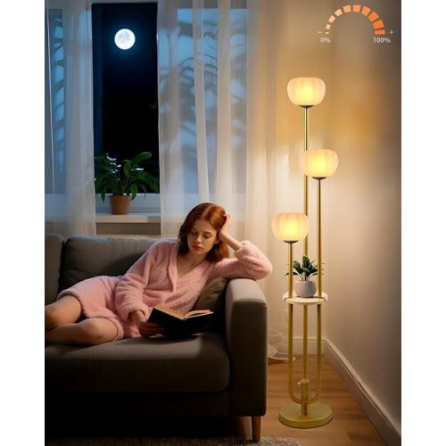 Lightdot Gold Floor Lamp with Table, Modern Dimmable Floor Lamps with Pumpkin Lampshade, 3000K Soft Warm White Bulbs Included, 3-Light Tall Standing Lamp for Living Room/Bedroom