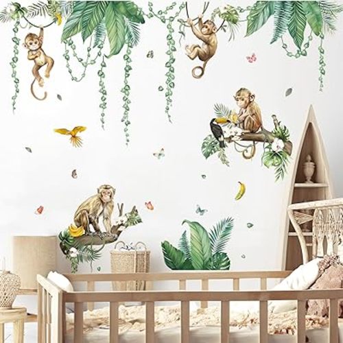 decalmile Safari Animals Monkeys Wall Decals Hanging Vines Green Plants Wall Stickers Living Room Bedroom Nursery Wall Decor