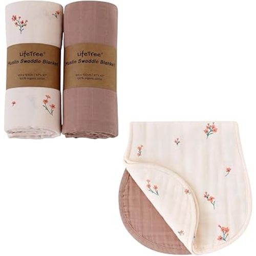 LifeTree Muslin Swaddle Blankets Girls and Baby Burp Cloths for Newborn Girls Boys, Organic Cotton, Flowers & Solid Colors