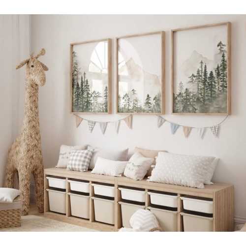 Nursery decor mountain, nursery wall art, tree nursery decor, adventure theme nursery, forest, sage green, beige, woodland animals