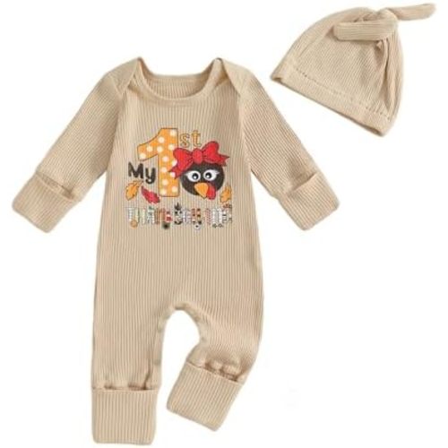 Baby Boy Girl Thanksgiving Onesie Outfit Turkey Letter Print Long Sleeve Ribbed Knit Romper and Hat 2 Pcs Clothes Set