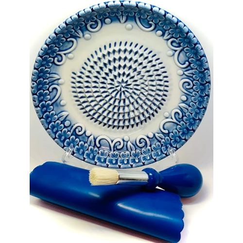 All-in-one 4pcs Premium Ceramic Garlic Grater Set -Glazed Design Grater Plate w/Garlic Peeler, Gathering Brush, Display Stand, It's also grating Turmeric, Ginger, and more,
