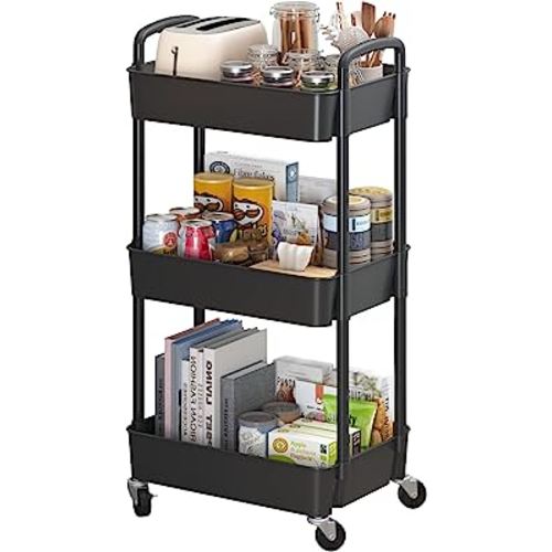 Sywhitta 3-Tier Plastic Rolling Utility Cart with Handle, Multi-Functional Storage Trolley for Office, Living Room, Kitchen, Movable Storage Organizer with Wheels, Black